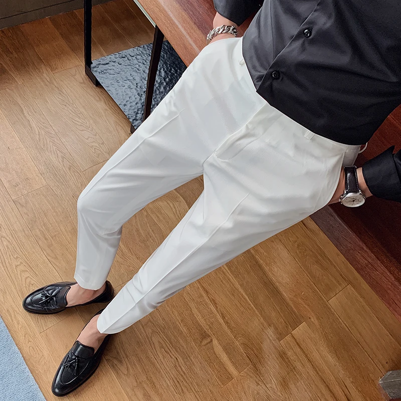 

Мужские повседневные брюки Slim Fit в корейском стиле, укороченные, белые, модные, летние, деловые, с зауженным низом