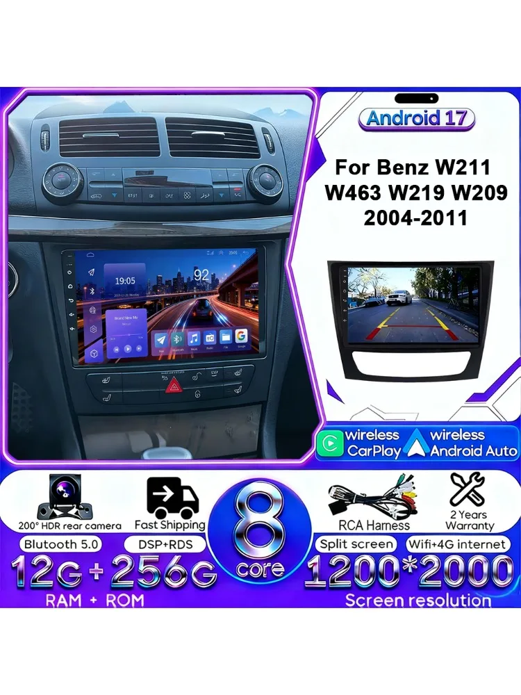 Android 17 autoradio 4G WIFI Carplay voor Mercedes Benz W211 E300 2002-2010 2din DVD GPS Multimedia Bluetooth touchscreen navigatie - afbeelding 2