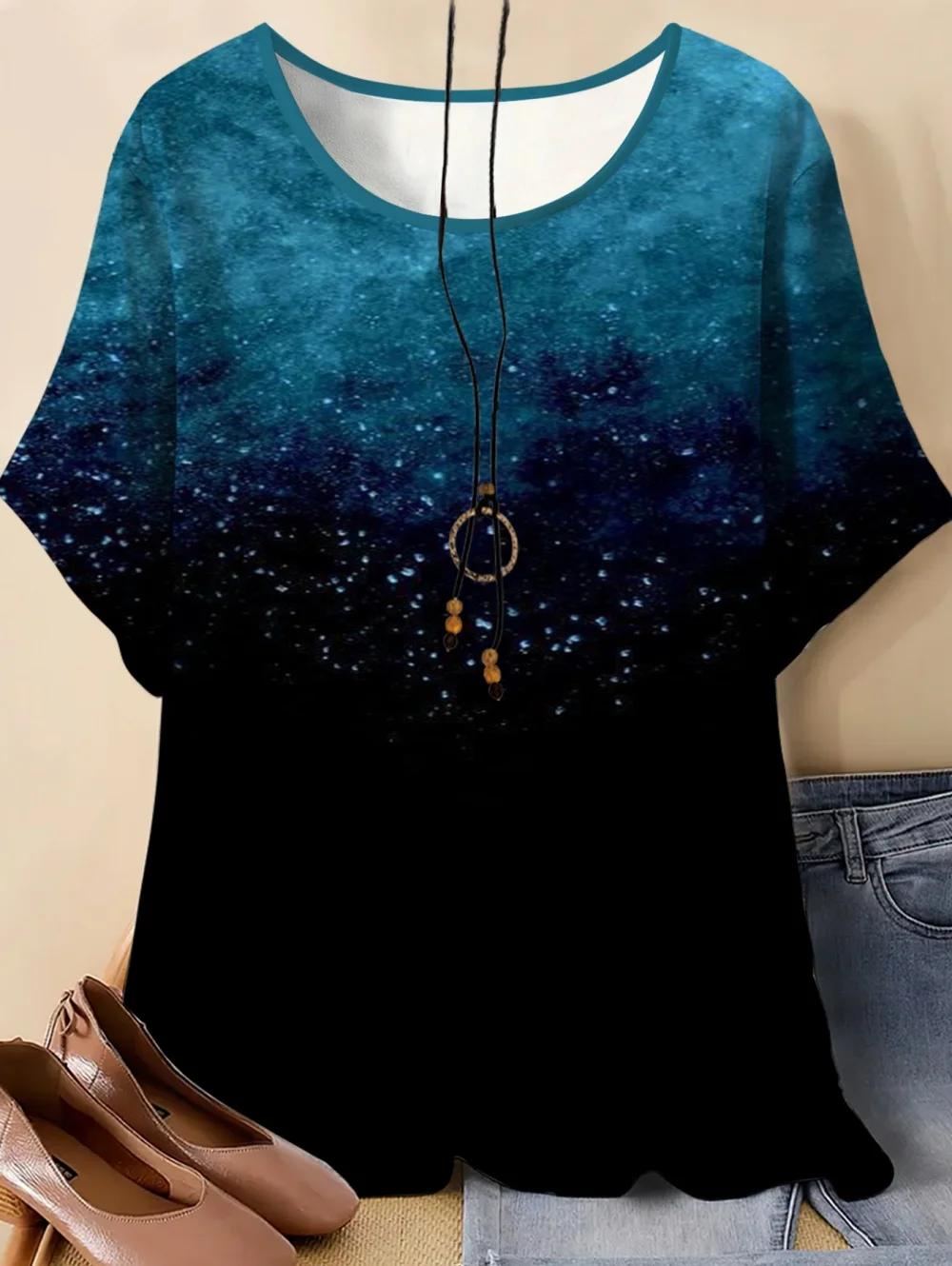 Vintage Damen Sommer T-Shirt Farbverlauf-Druck Eleganter O-Ausschnitt Kurzarm-Tees Mode Streetwear Lockere Oberteile Y2k Damenbekleidung – Detail 4