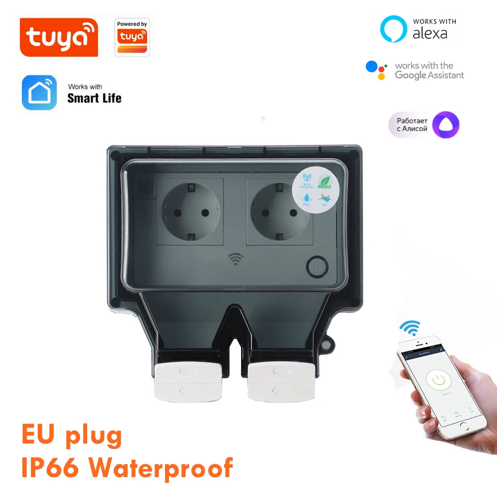 Tuya Wall Electrical Sockets Ip66 Waterproof Power Socket With Cover Wifi Smart Plug Eu Standard Outdoor Rainproof Socket