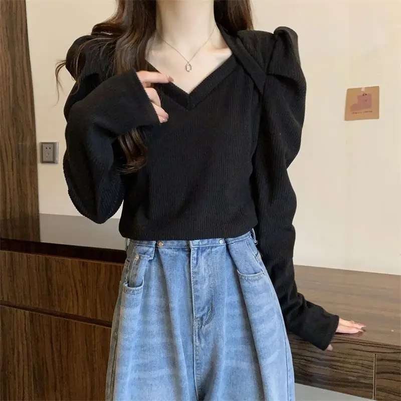 V Neck Pleated Korean T Shirt Tops Spring Autumn New Long Sleeve Solid All-match Fashion Pullovers Casual Sweet Women Clothing