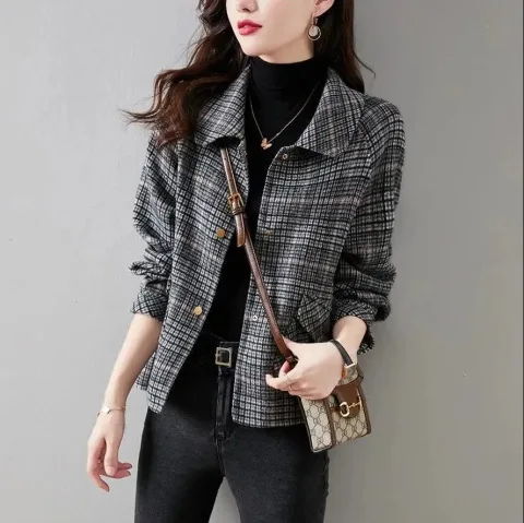 Frauen Mode Plaid Anzug Revers Jacke weibliche Slim Fit Langarm solide Caot Freizeit kleidung