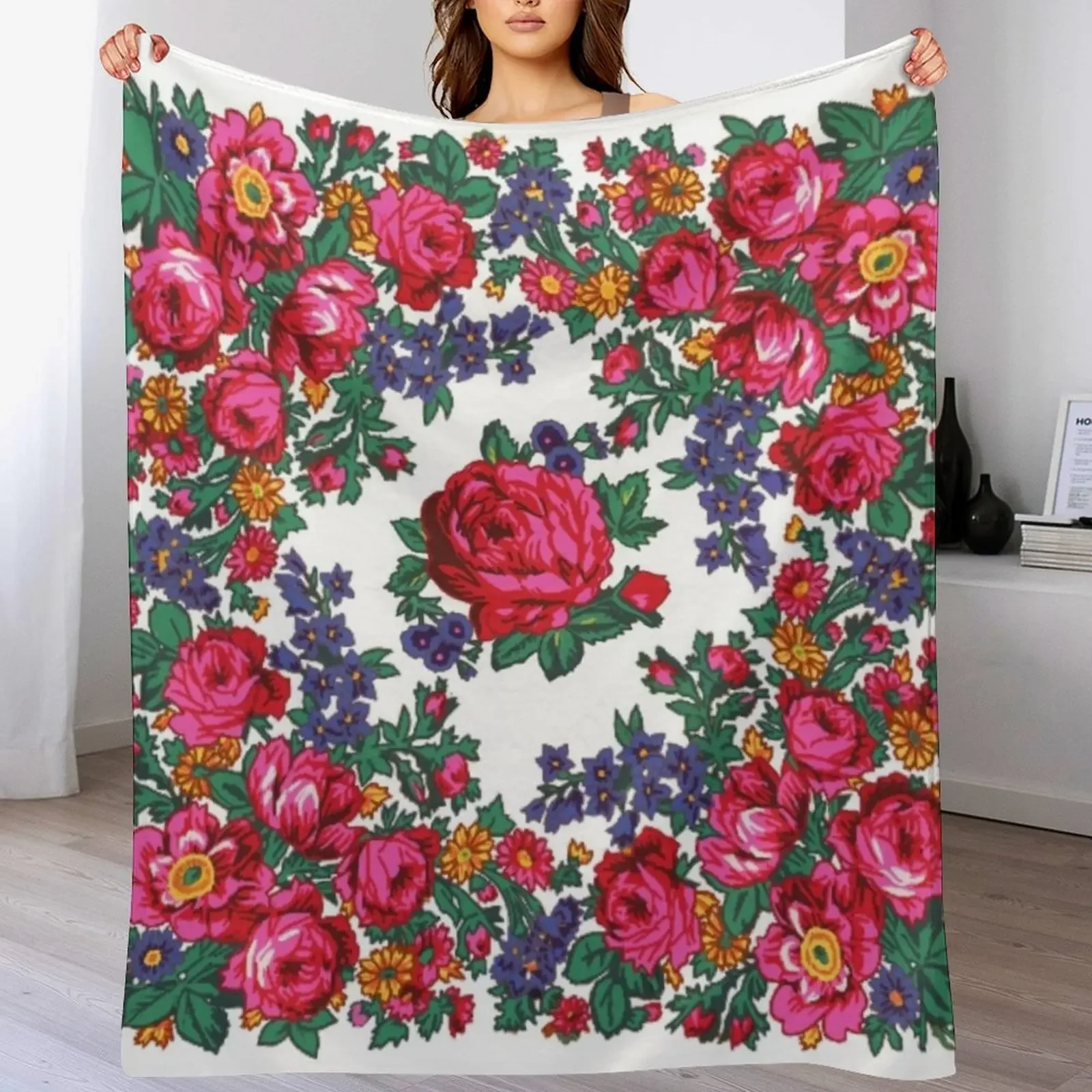 

White / Pink Tea Rose Native Floral Print Throw Blanket Ultra Plush Cozy Blanket for Napping Sleeping