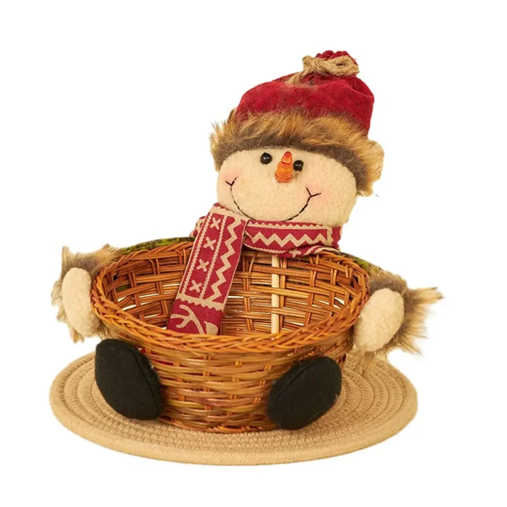 1pc Christmas Candy Basket With Doll Xmas Cloth+Rattan Snack Candy Storage Baskets 17x8cm Home Christmas Decoration