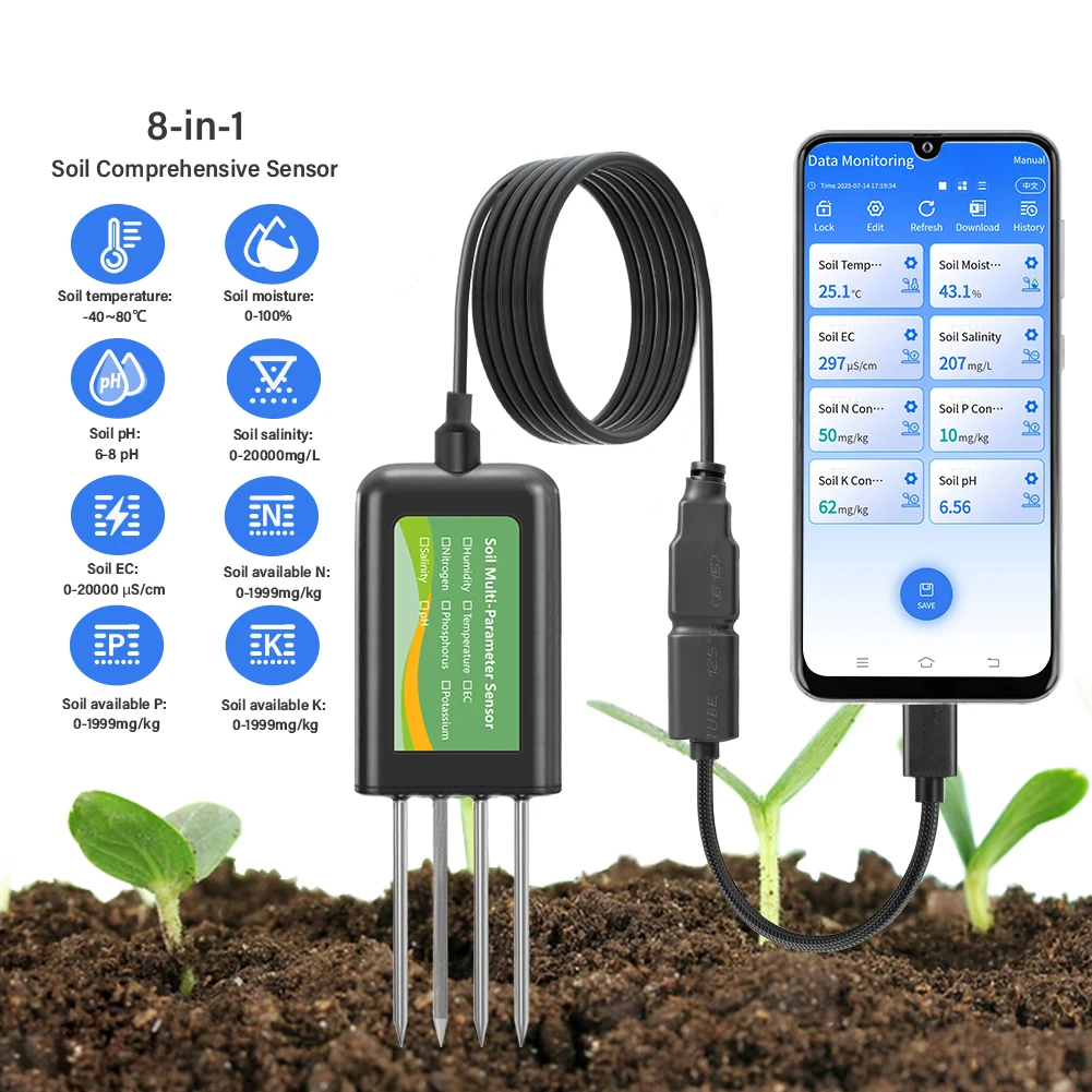 8-in-1 Bodentester NPK PH-Meter EC Temperatur Feuchtigkeits- und Fruchtbarkeitsdetektor IP68 Wasserdichter Sensor für Smart Farming und Garten – Detail 14