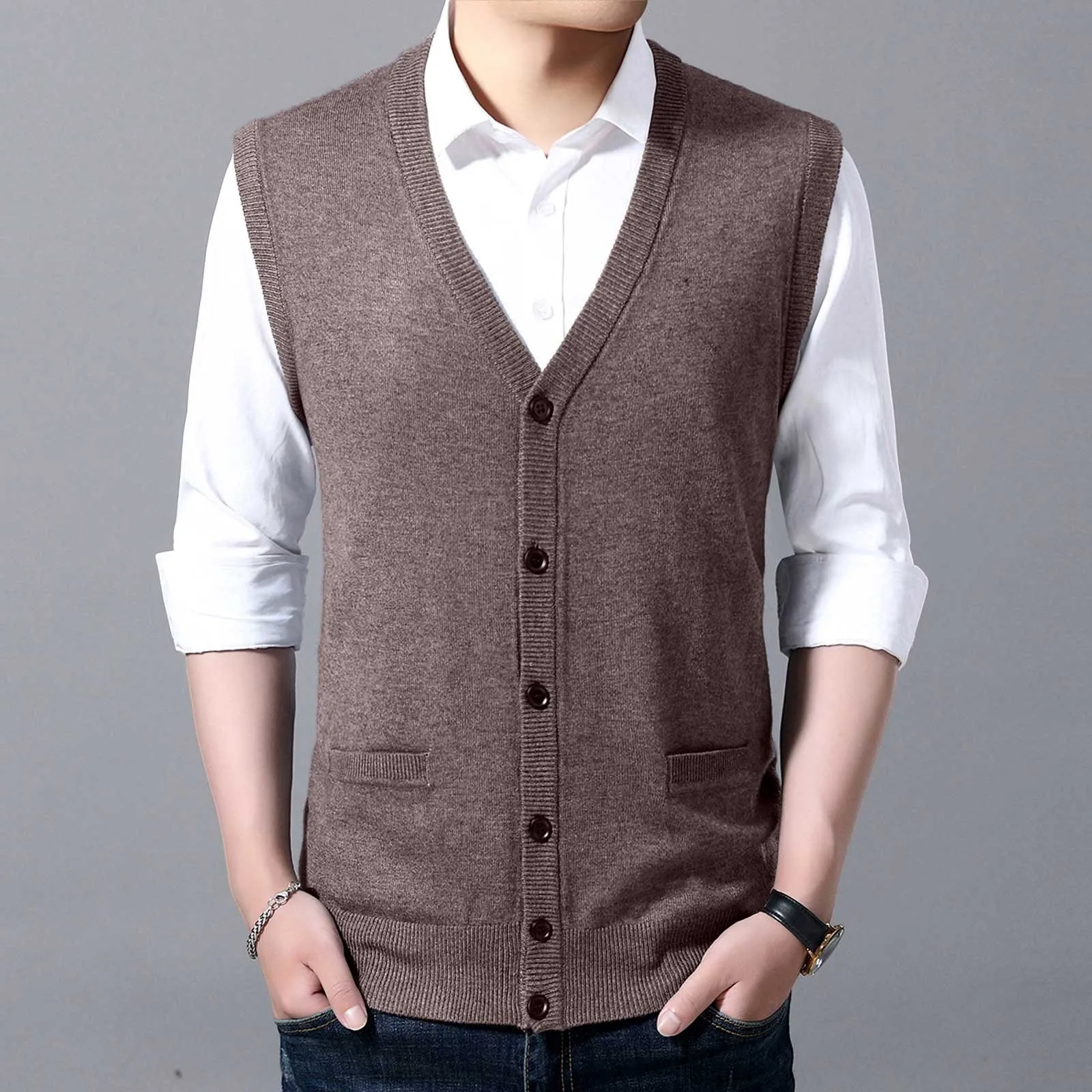 

Male Autumn and Winter Buttons Jumper Vest Men's Fashion Casual V-Neck Pocket Warm Solid Colour Jumper Collarless Sweater Vest