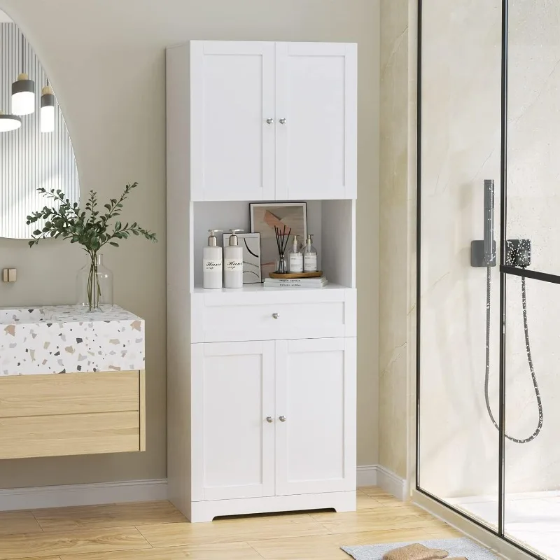 Tall Bathroom Storage Cabinets, Modern Linen Storage Cabinet with 4 Doors & Shelves & Drawer, 67