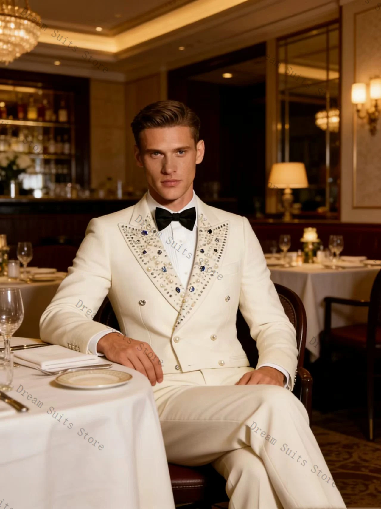 

Groom White Crystals Men Suit Set 2 Pcs Blazer+Pants Trousers Customized Spring Formal Office Jacket Wedding Tuxedos Prom Coat