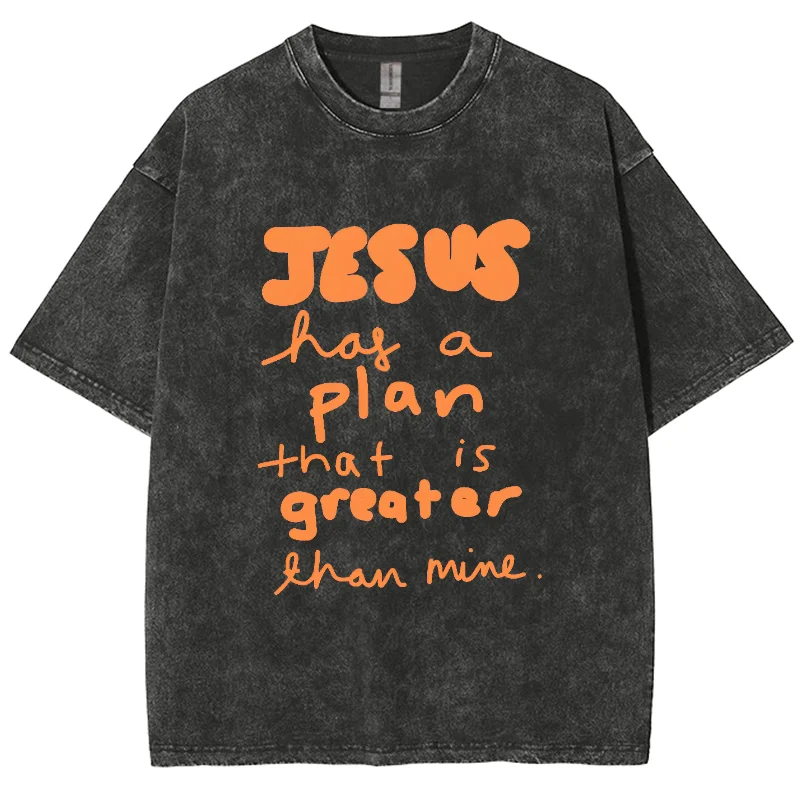 Jesus Plan Greater Y2K Washed Short Sleeve T-Shirt, Creative Printed Unisex Vintage Streetwear New Fashion Plus Size Casual Tops