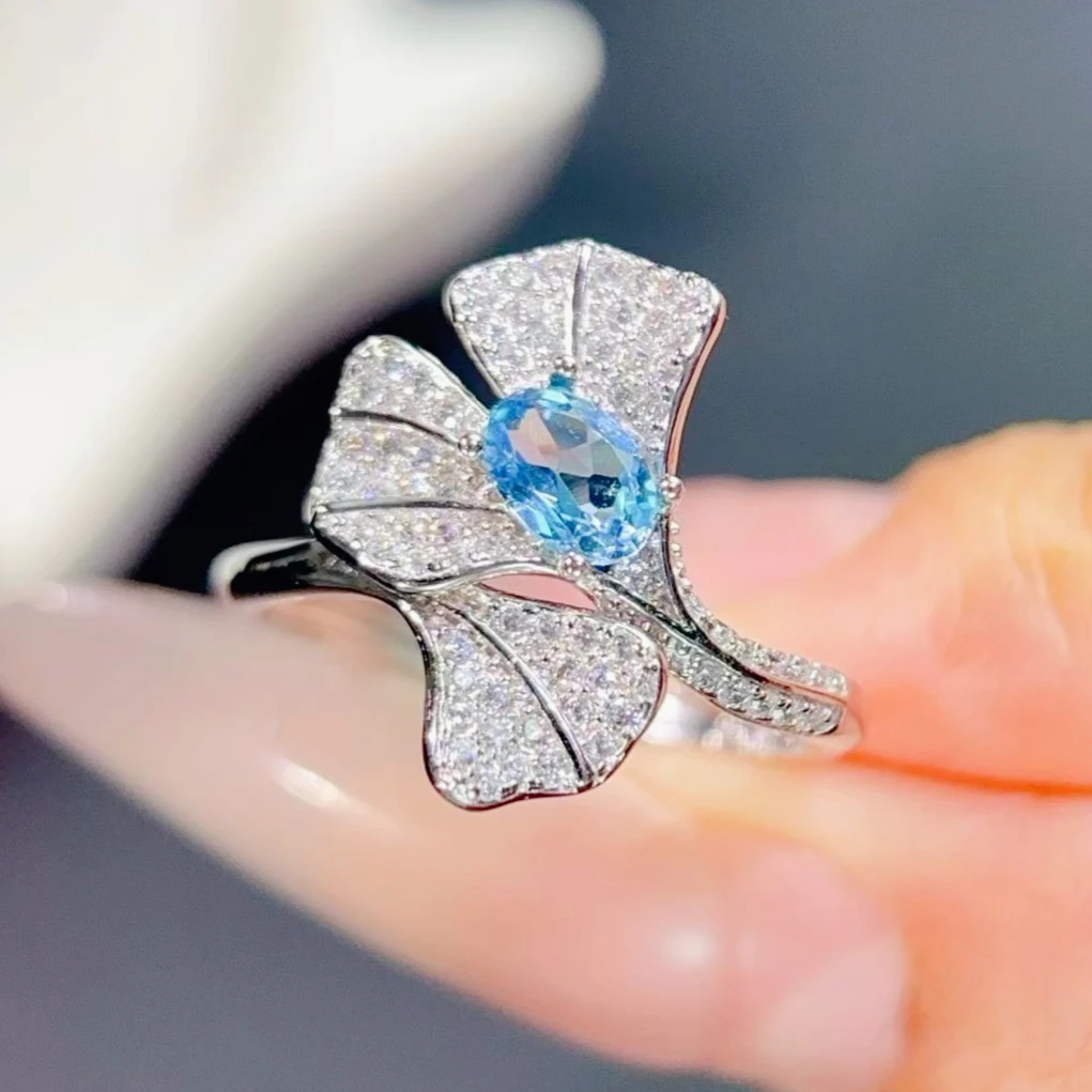 

Fashion 925 Silver Leaf Ring with Gemstone 4x6mm 0.5ct Natural Topaz Ring with Certificate 18K Gold Plated Silver Topaz Jewelry