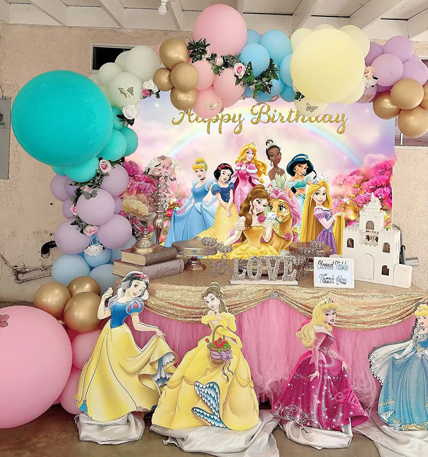 Disney Princess Dreamy Colorful Theme Backdrop Girl Baby Shower Photography Background Birthday Party Decoration Banner