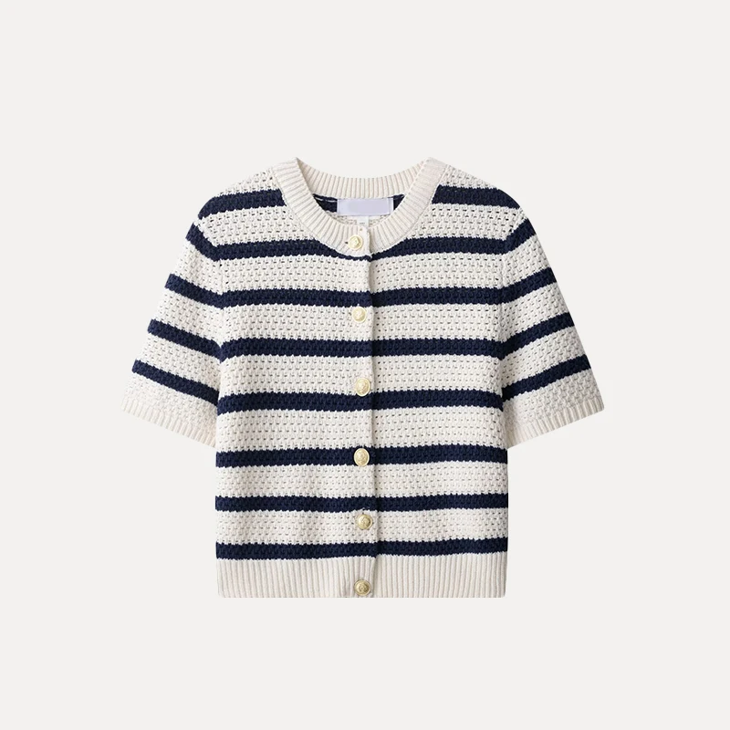 เสื้อคาร์ดิแกนถักไหมพรมผู้หญิง สปริง 2025 สไตล์สตรีท ทรงหลวม แขนยาว ลายทาง ความยาวปกติ