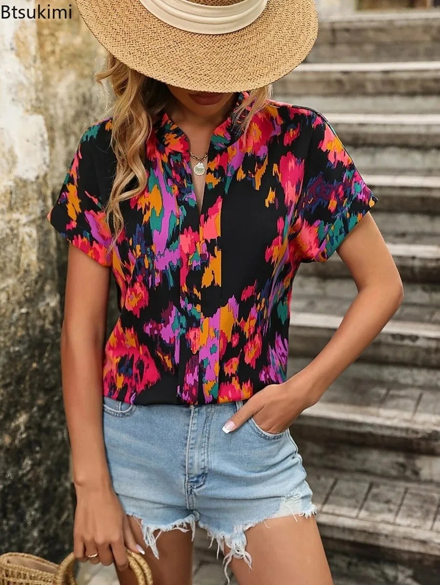 2024 Women's Summer Vintage Floral Print  Blouse Tops Shirts Ethnic Floral Graphic Tee Shirt for Women Tunic Tops Summer Blouse