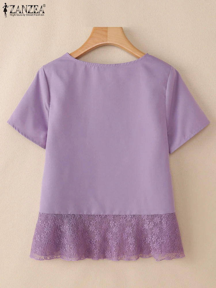 ZANZEA الصيف أزياء من الدانتل تول هيم تي شيرت امرأة أنيقة س الرقبة قصيرة الأكمام بلون تيز ملابس يومية غير رسمية التنقل القمم