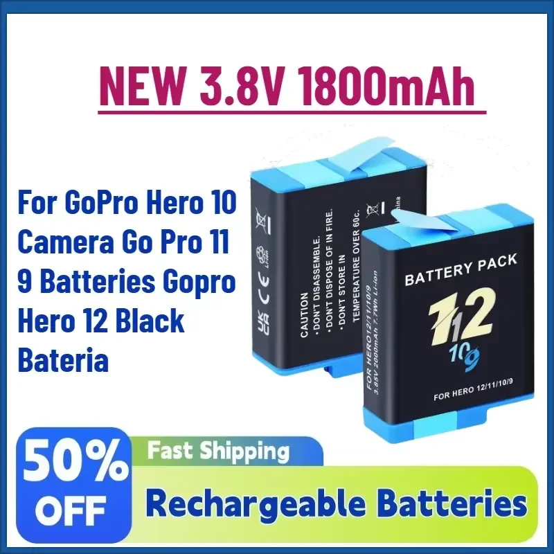 

High-Performance 3.8V 1800mAh Rechargeable Battery for GoPro Hero 10 Camera Go Pro 11 9 Batteries Gopro Hero 12 Black Bateria