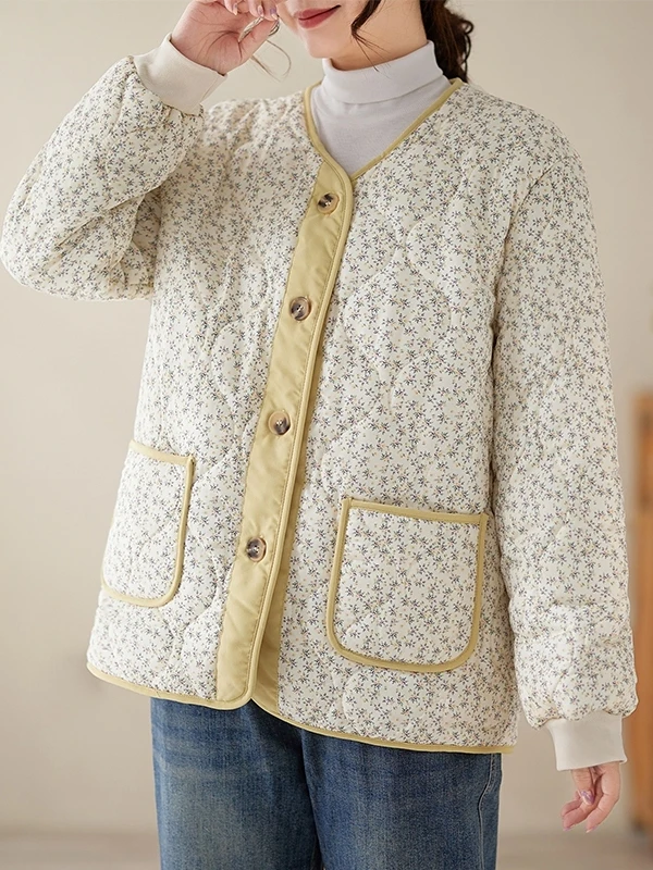 

Свободная хлопковая куртка с цветочным принтом, тонкая, художественная, большого размера, утепленная, зимняя, для повседневной носки, в традиционном этническом стиле, с круглым вырезом