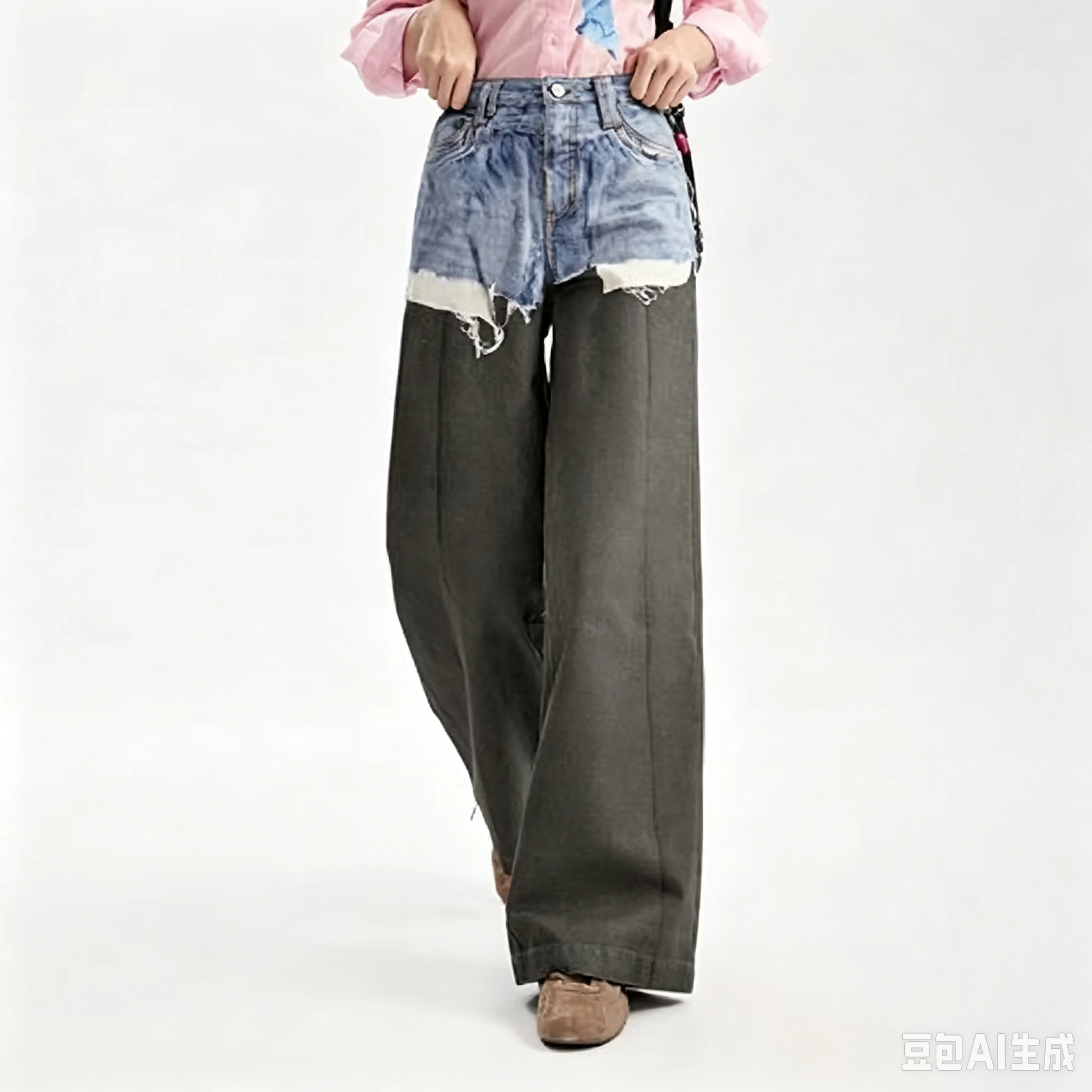 Spanish original women's casual pants, fake two-piece spliced denim print straight leg pants, designer style, light luxury