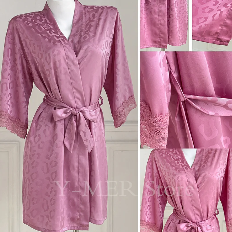 Sexy Leopard Bride Wedding Dress Robe Gown Satin Kimono Bathrobe Gown Sleepwear Sexy Lace Nightgown Intimate Lingerie Homewear