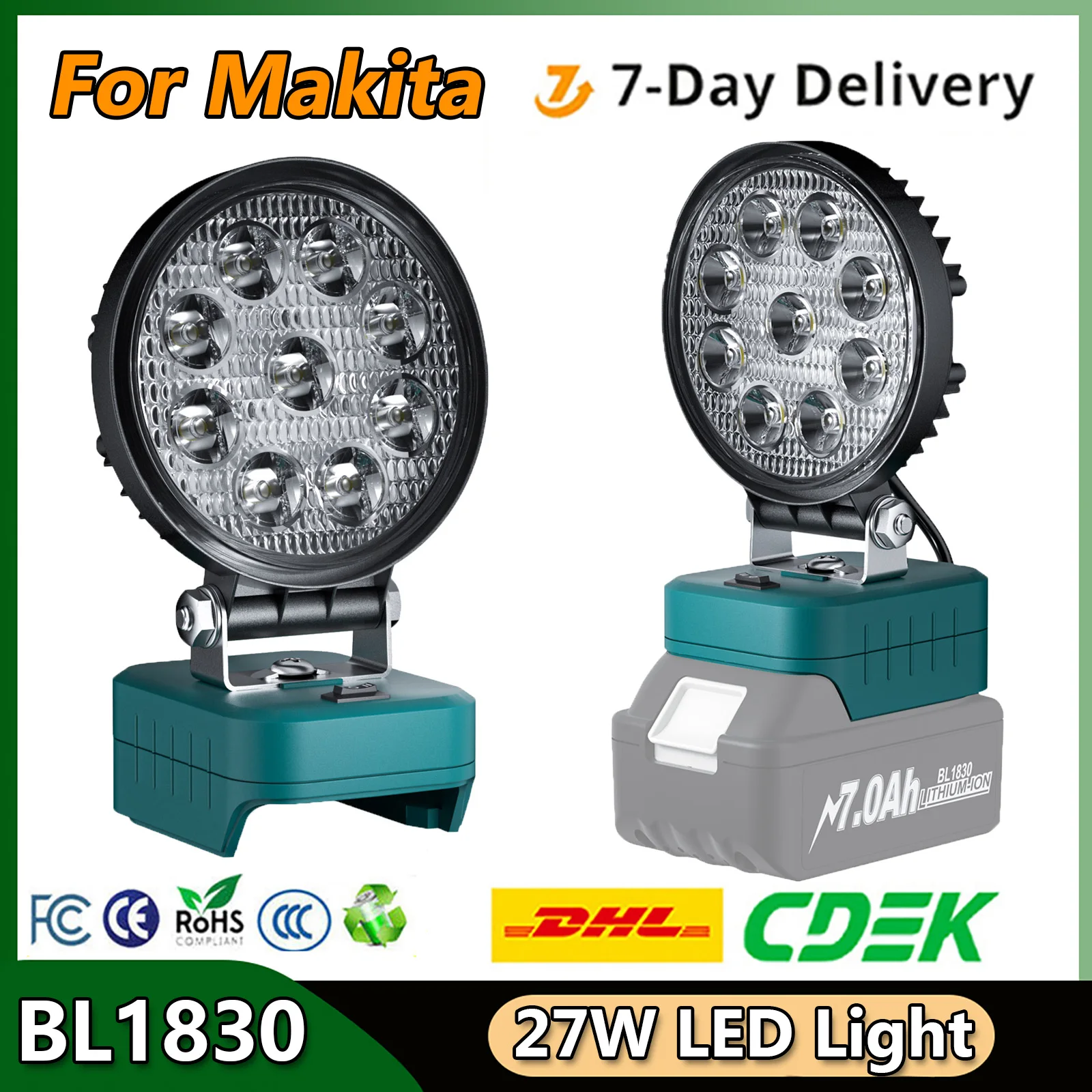 Turpow 27W Work LED Light For Makita 18V Battery BL1815N BL1820 BL1830 BL1840 BL1850 BL1860 Tool Battery Accessories