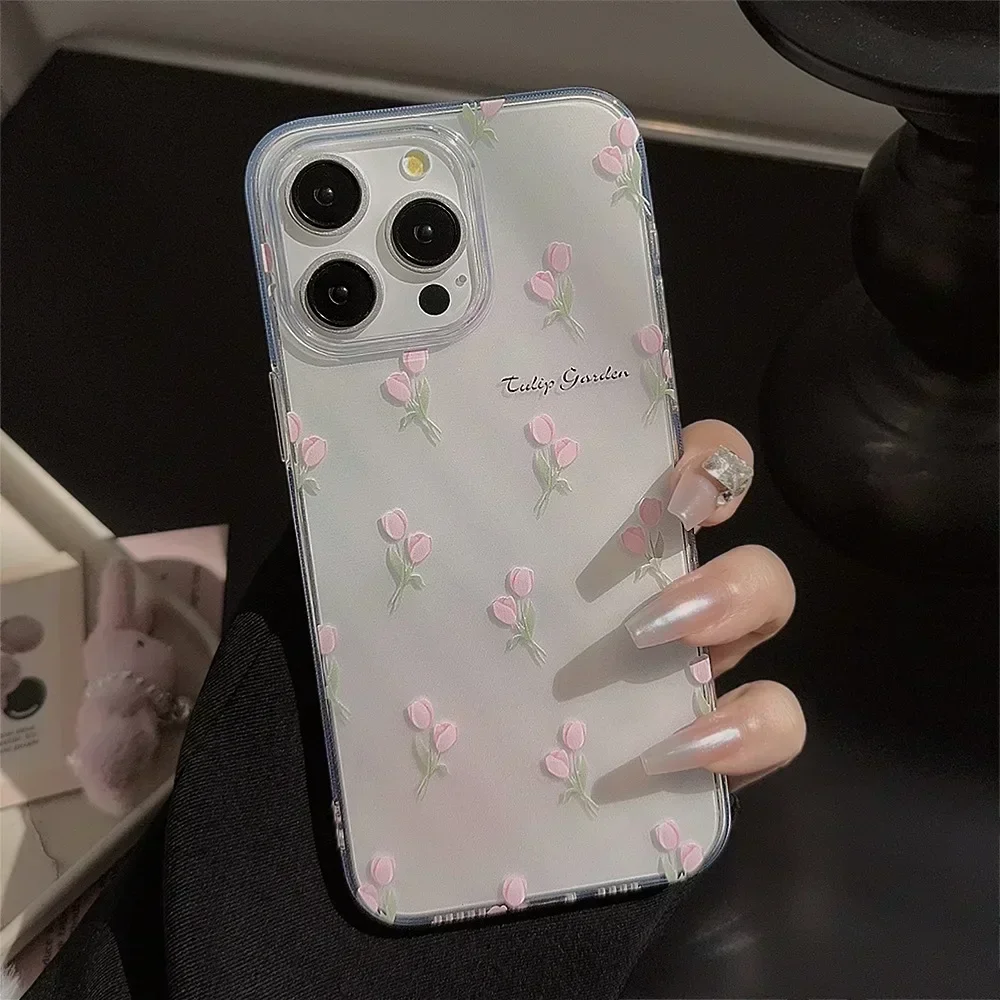 Ins flower pink tulips silicone soft shell for iphone 15 14 pro max 11 12 13 promax plus cartoon phone case conque