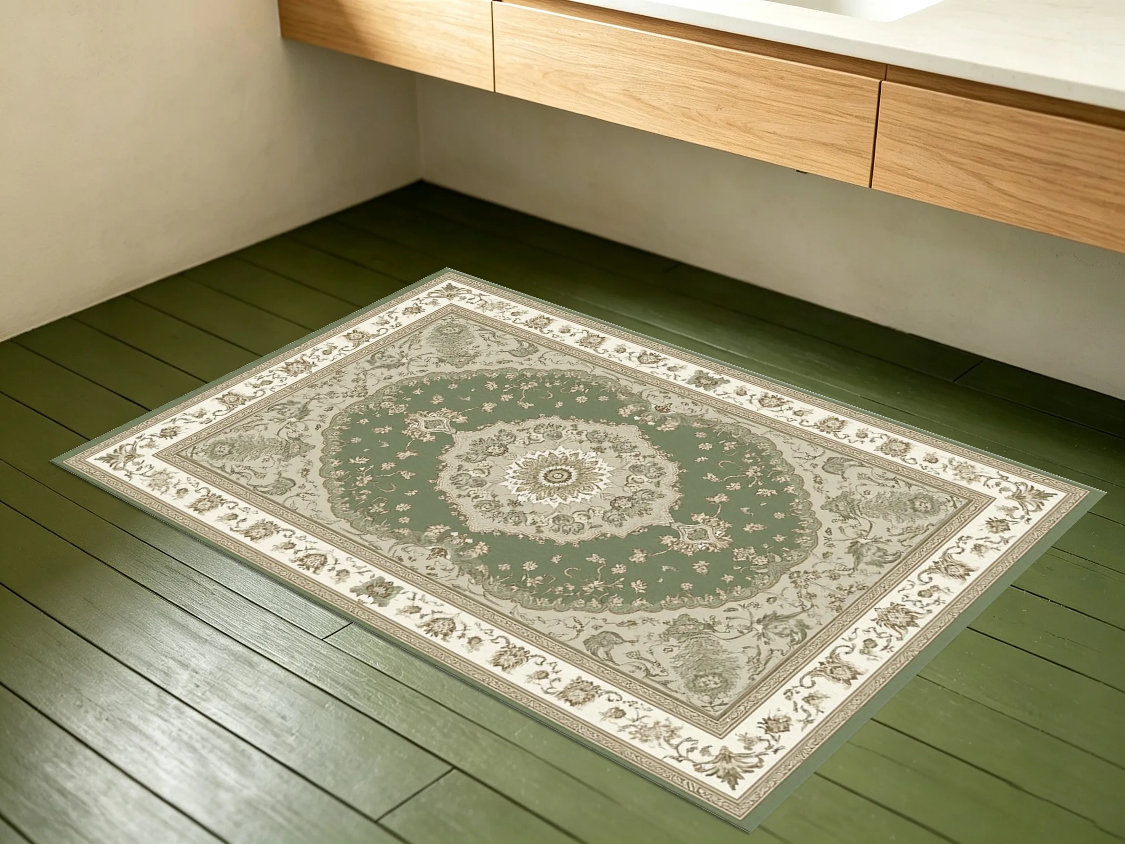 Velvet Rug Olive Green Retro Persian Symmetrical Pattern European Light Luxury Style for Living Room Decor