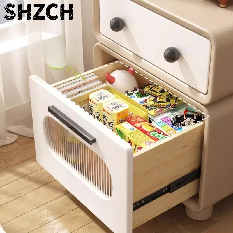 Kinder-Roboter-Nachttisch aus Massivholz im Creme-Stil, minimalistischer Organizer für Schlafzimmer, hochwertige Aufbewahrungsbox