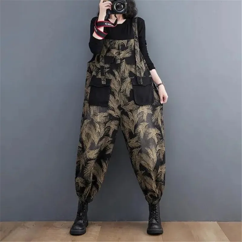 2025 Spring Autumn Womens Leisure Overalls Loose Vintage Classic Oversized Denim Pants Printed Ladies Wide Floral Harajuku Jeans