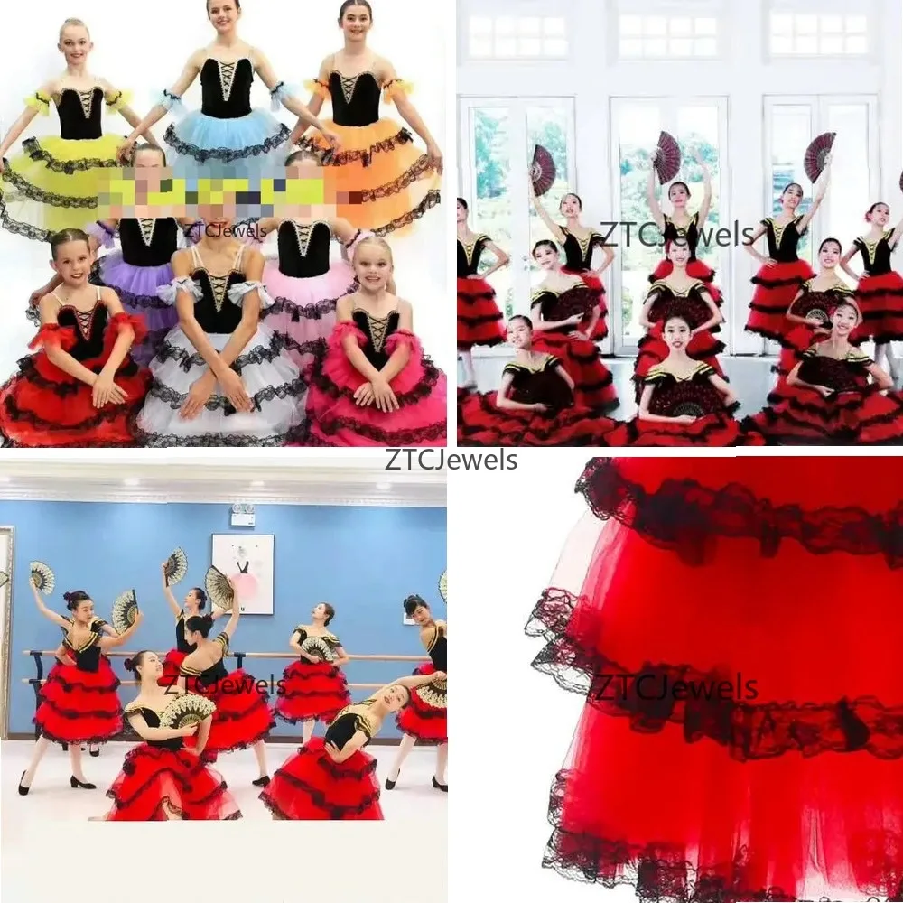コスプレ用赤いスペイン風ドレス、ベルベットのボディース、ロング丈のロマンチックなバレエチュチュコスチューム、大人のバレリーナのパフォーマンス用