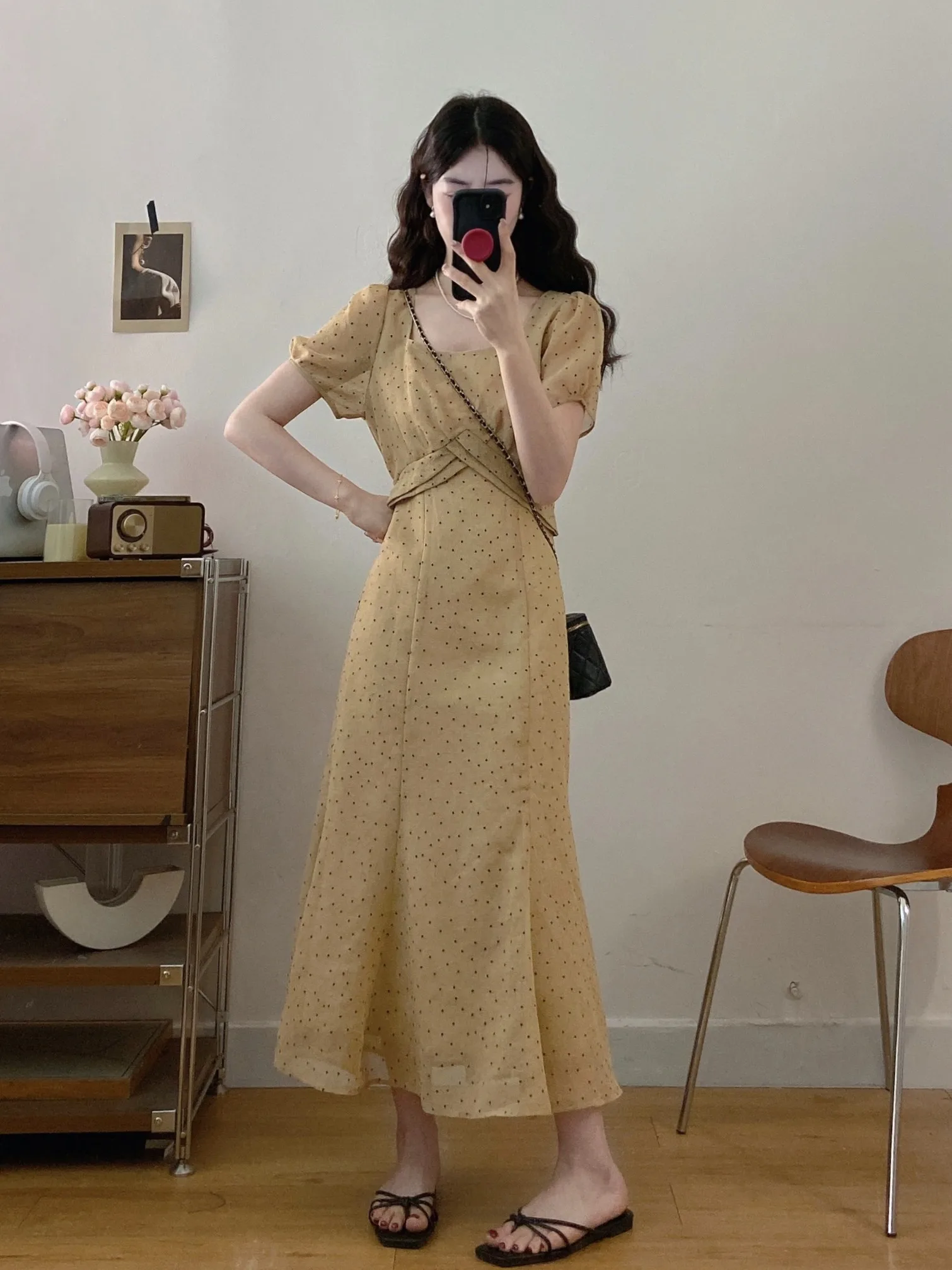 

plus Size Women's Polka Dot Bubble Sleeve Dress Square Collar Waist Cinched Long Summer New Style Korean Version Commute Wind