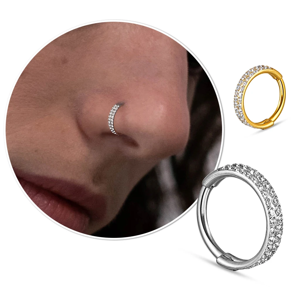 Giga 16G with Crystals Double Hoop Nose Ring for Women, Stainless Steel Septum Clicker for Conch, Helix, Rook, Tragus, Lip