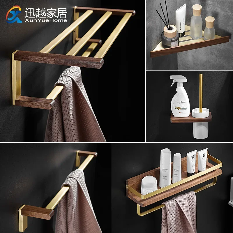 

Wooden Walnut Gold Aluminum Fixed Bath Bars Towel Rack Double Shelf Toilet Brush Paper Holders Hook Bathroom Hardware Pendant