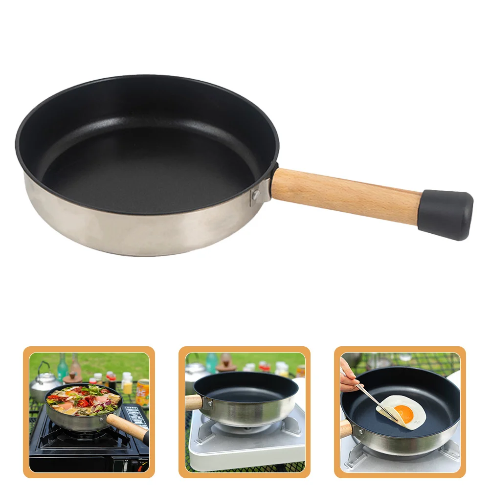 

Nonstick Frying Pan Portable Camping Skillet Wooden Handle Flat Bottom Fry Pan for Eggs Pancakes Omelets Kitchen Supplies