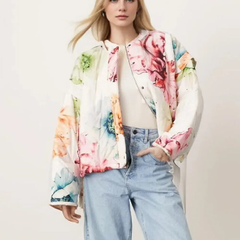 Autumn Winter Colored Flower Print Quilted Coat Ethnic Women Full Sleeve Drawstring Hem Loose Jacket  Thin Quilting Outerwear