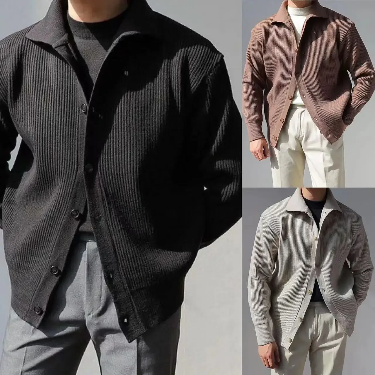 

2023 New Autumn/Winter Polo Collar Casual Solid Color Knitwear Cardigan Sweater Men's Fashion Sweater Coat