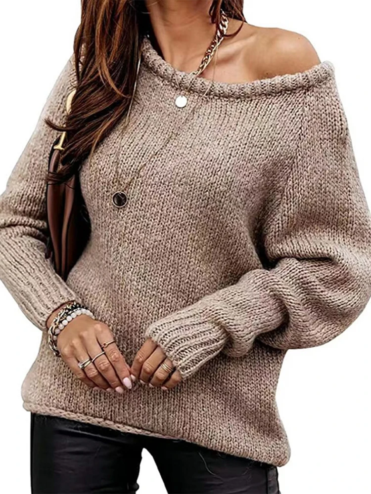 Suéter con hombros descubiertos para mujer, Jersey de punto suelto de gran tamaño, Sexy, manga larga, cuello redondo, Top de Color sólido, estilo Retro americano, otoño