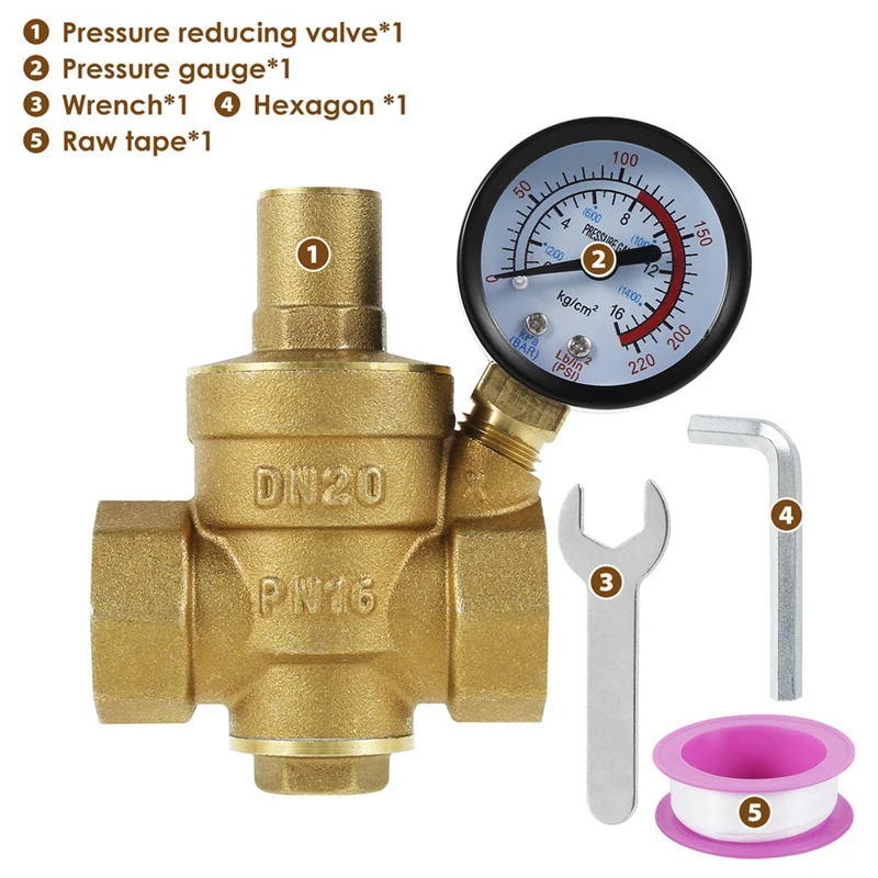 3/4Inch DN20 Brass Water Pressure Regulator Valve Water Pressure Reducer Regulator Adjustable Relief Valve Gauge