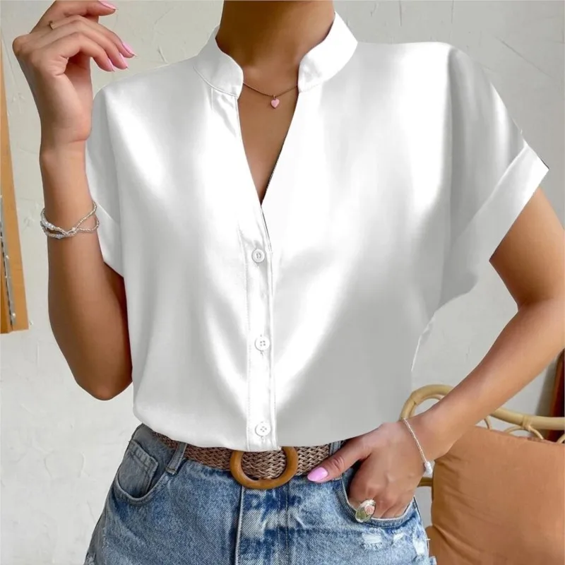 2024 Summer V-neck Women\'s Shirt Casual Office Lady Solid Color Short Sleeve Single Breasted Elegant Women Blouse Femme Blusas