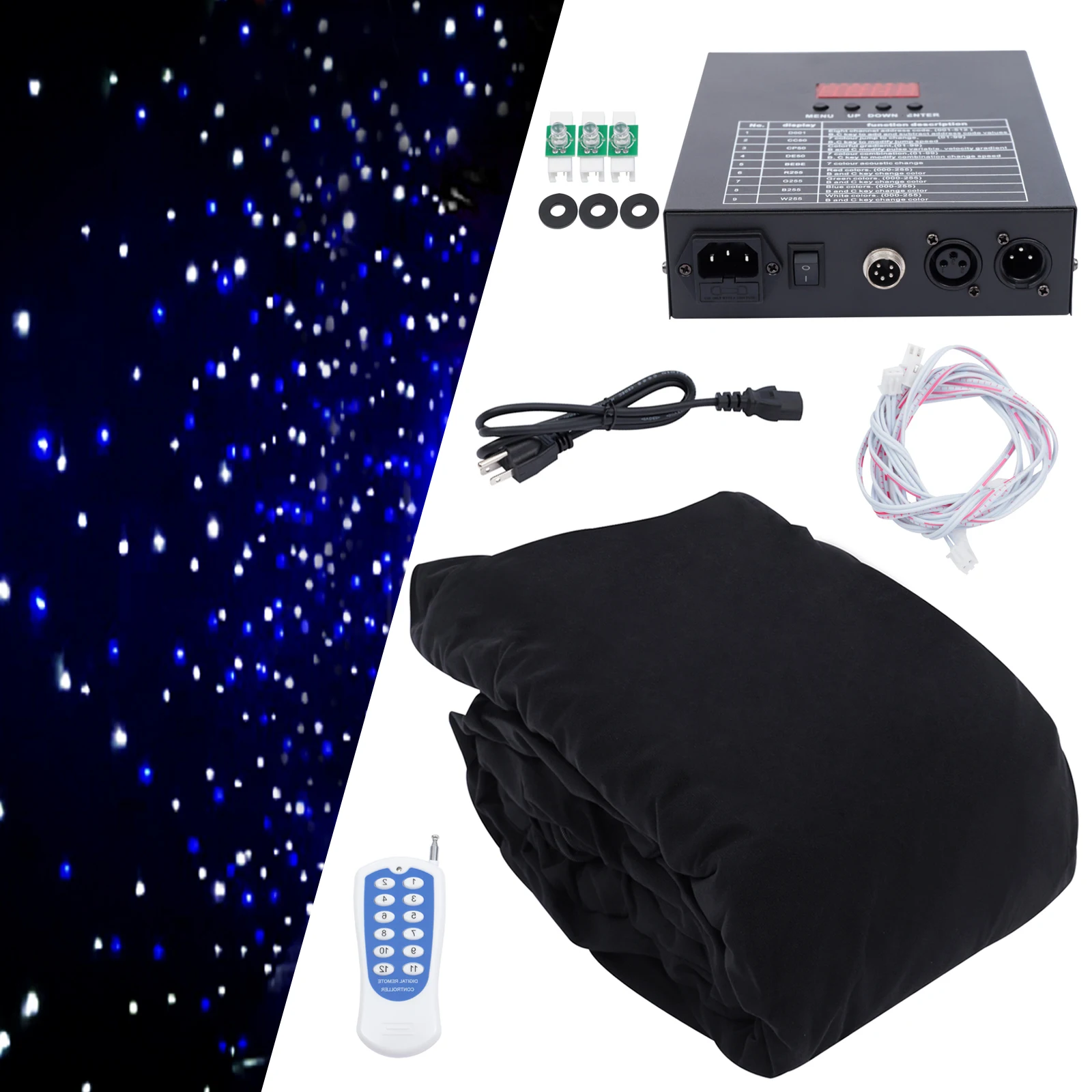 Wit en blauw LED-achtergrondgordijn Dubbellaags fluweel - Ongeveer 216 LED-kralen en 60 W vermogen, 9,84 * 13,12 ft formaat en binnen / buiten toepasbaar