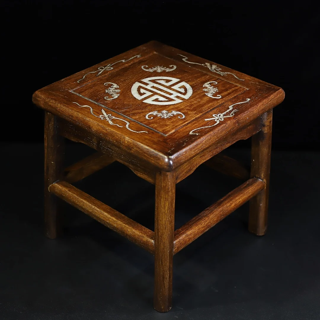 Rare Rosewood Stool With Inlaid Shells, Four-Legged, Square Shape, Length Width Height 30Cm