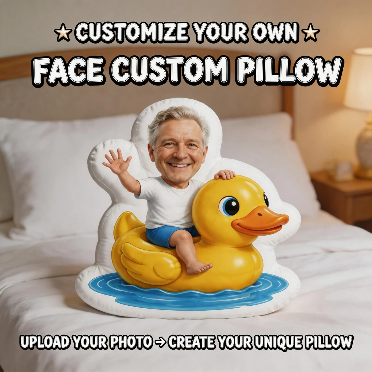 Custom Face Funny Shaped Pillow, Personalized Photo for Man Riding Yellow Duck Decorative Cushion, Unique Home Decor Accent for