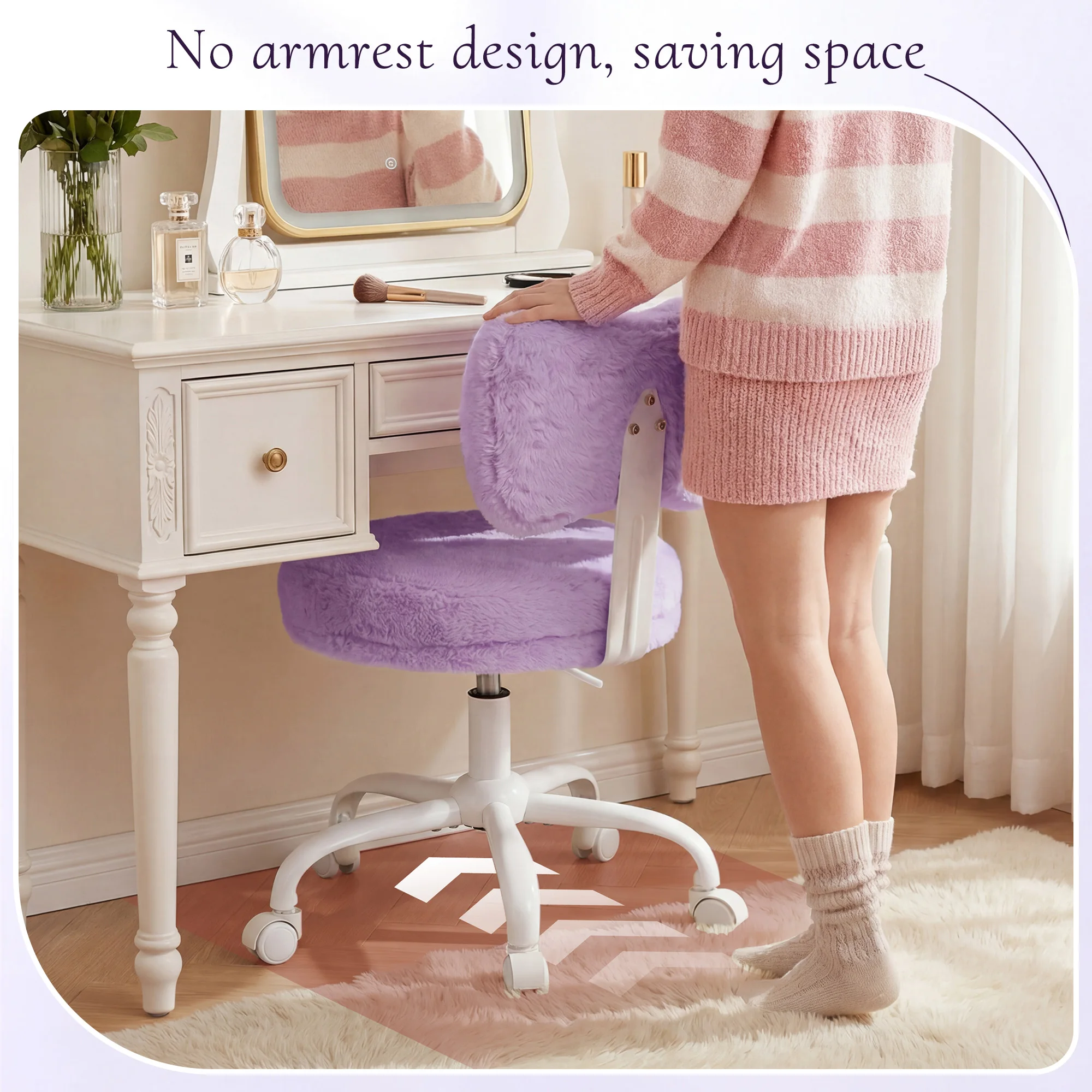 EnHomee  Cute Bow Back Vanity Chair with Wheels, Fluffy Faux Rabbit Fur Desk Chair, Height Adjustable Ergonomic Computer Chair, Portable Makeup Chair for Bedroom Dorm Home Office view 5