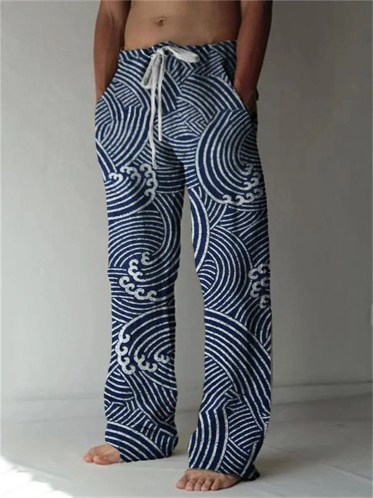 Men's Plus Size Long Trouser Japanese Sea Waves Lino Pattern Printed Casual Pants Oversized 2026 Summer Elastic Waisted Bottoms