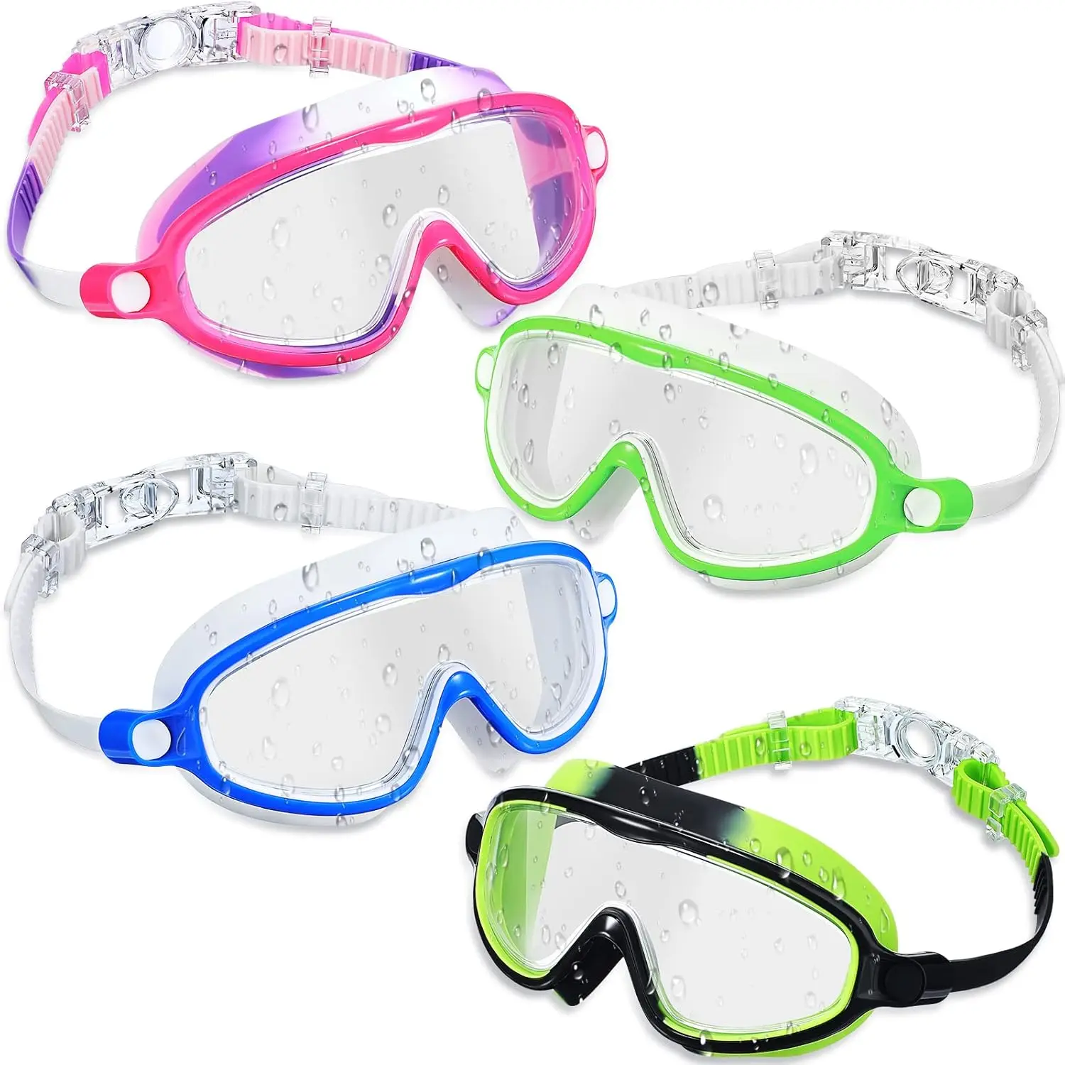 

4 Pack Kids Swim Goggles Age 3-15 Antifog Wide View No Leak Adjustable Strap Swimming Glasses