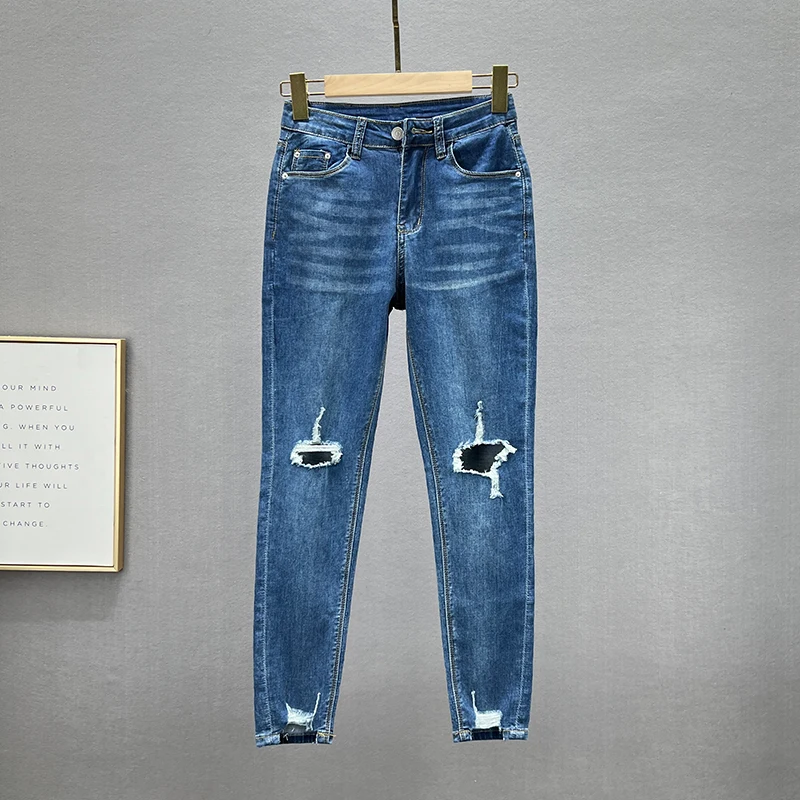 

Slim Fit High Waist Skinny Jeans Women's Summer New Sle Thin Cotton Stretch Denim Pants Torn Hole Ankle Length Pencil Pants