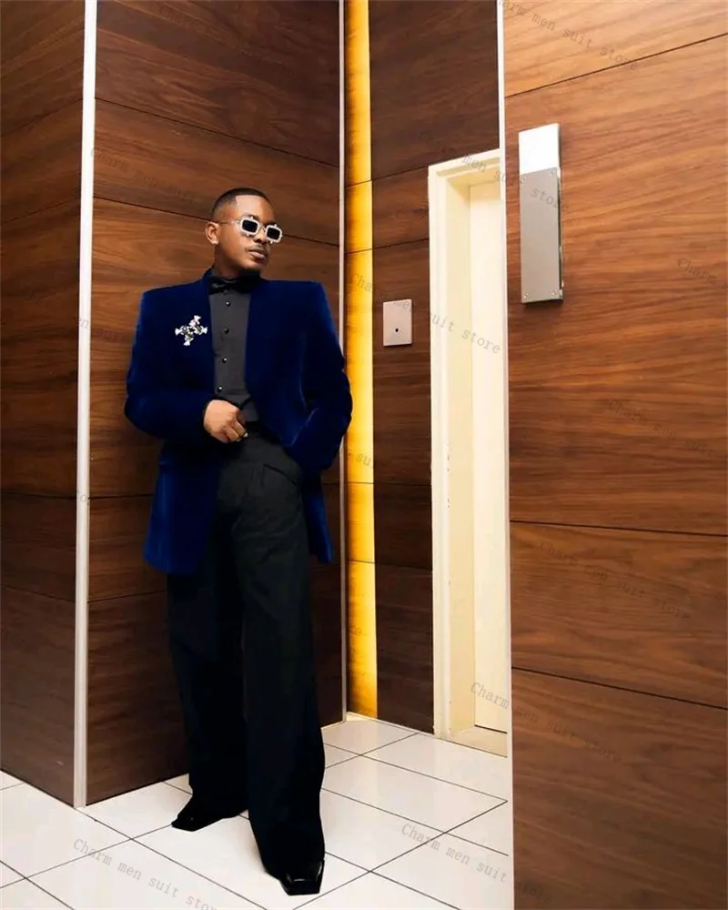 

Blue Velvet Men Suits Set 2 Pcs Blazer+Pant Trousers Wedding Tuxedo Autumn Fall Formal Office Groom Jacket Cotton Coat