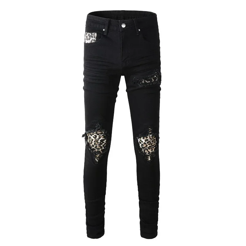 

Four Seasonsnew Fashio Men's American High Street Leopard Print Skinny Jeans Pencil Pants Casual Trendy Hole Patched Denim Pants