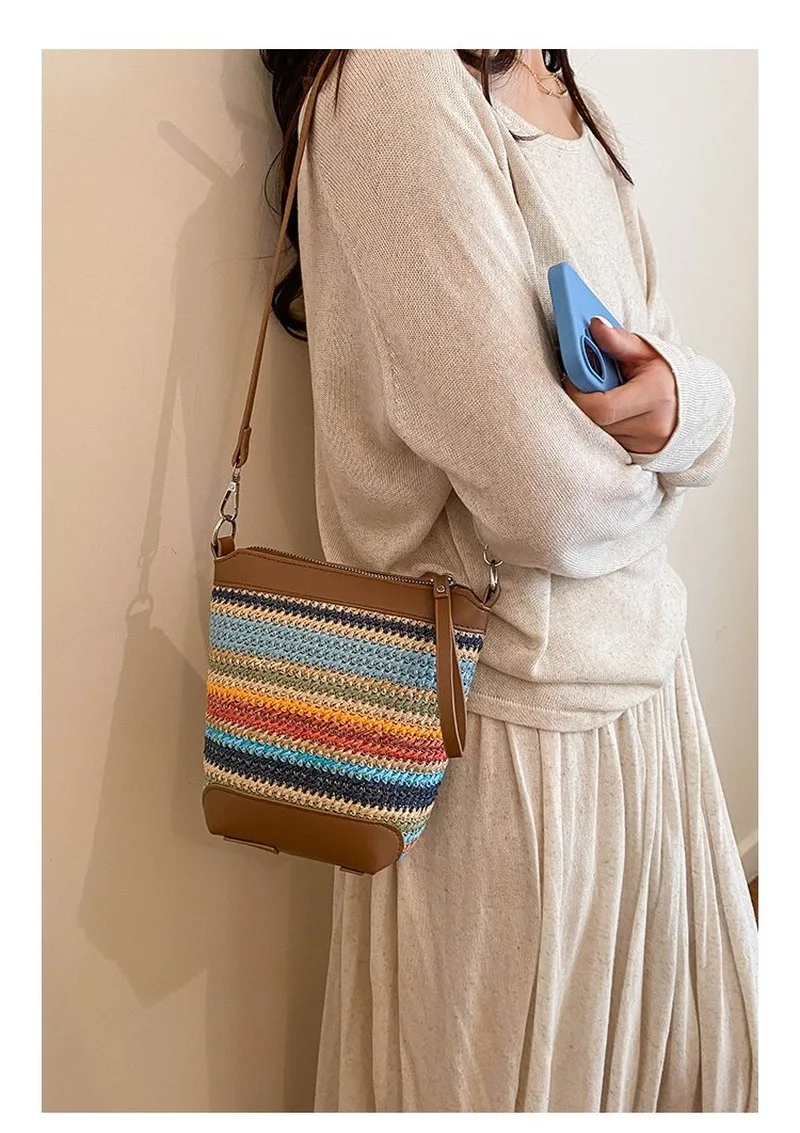 

Women's Woven Crossbody Bucket Bag, Portable Casual Daily Handbag for Ladies for Beach Vacation, Weekend Stroll, Shopping Trip