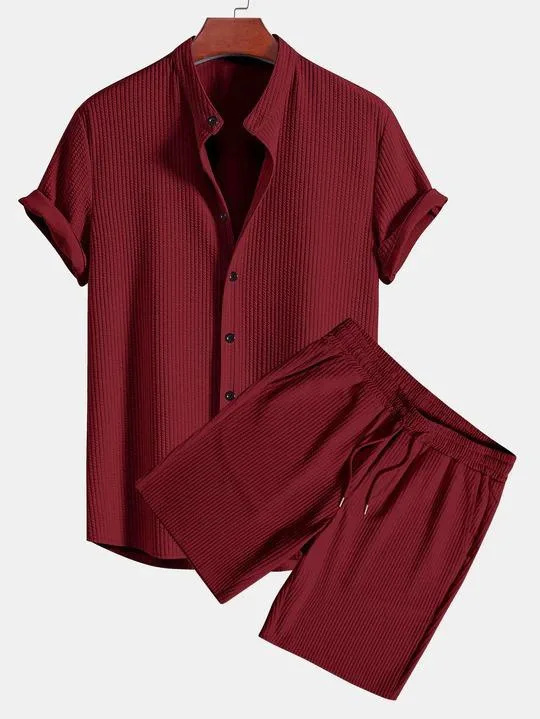 Men's Casual Loose Two-piece Set Multi-color Beach Pit Strip Short-sleeved Stand Up  Shirt  Shorts Set shirts t shirt  for men