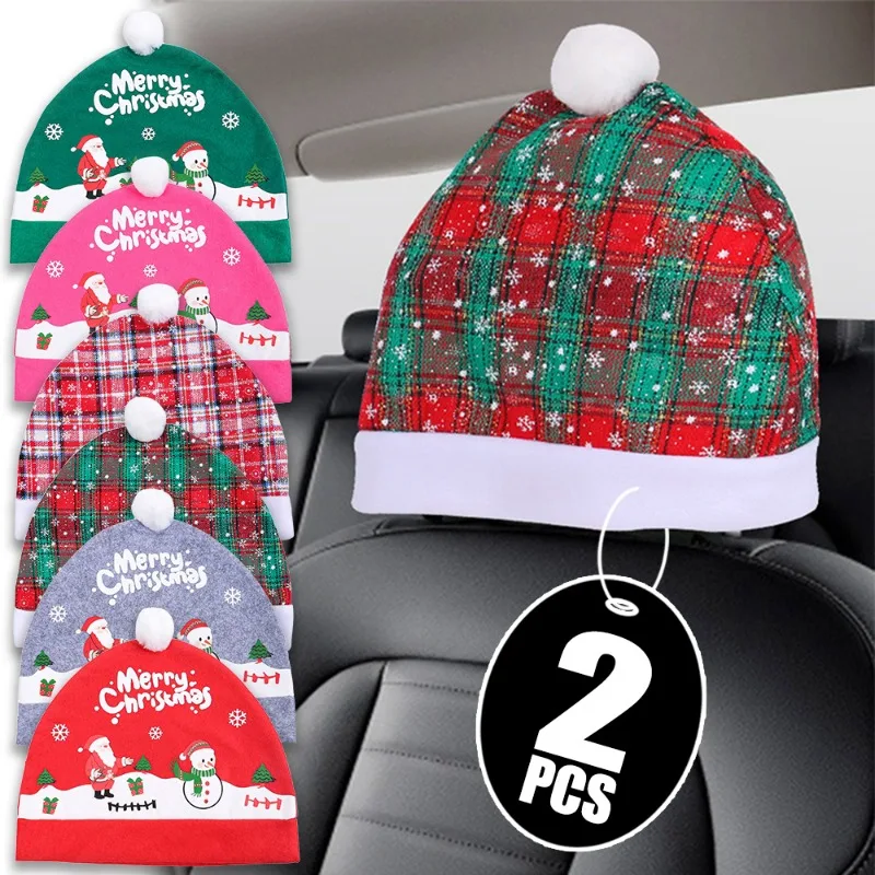 Christmas Car Seat Pillowcase Merry Christmas Santa's Hat Automotive Seat Headrest Cover Car Interior Decor Accessories Gift