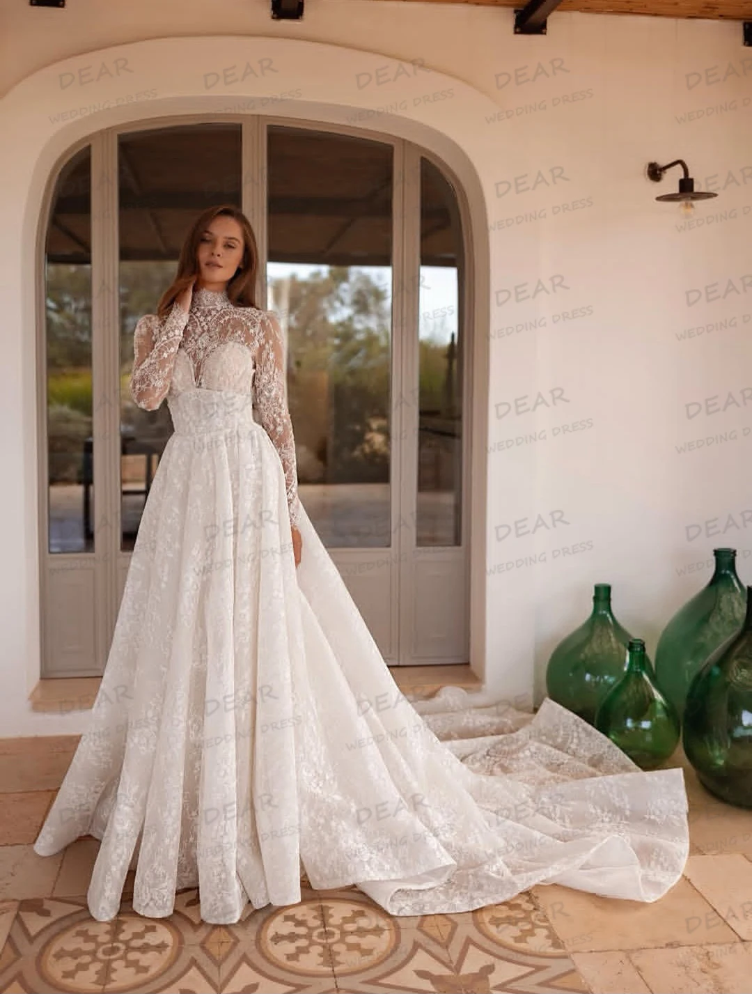 

Simple Appliques Wedding Dresses A Line High Neck Sexy Lace Formal Women's Bridal Gowns Sweep Train Vestidos De Novia Customized